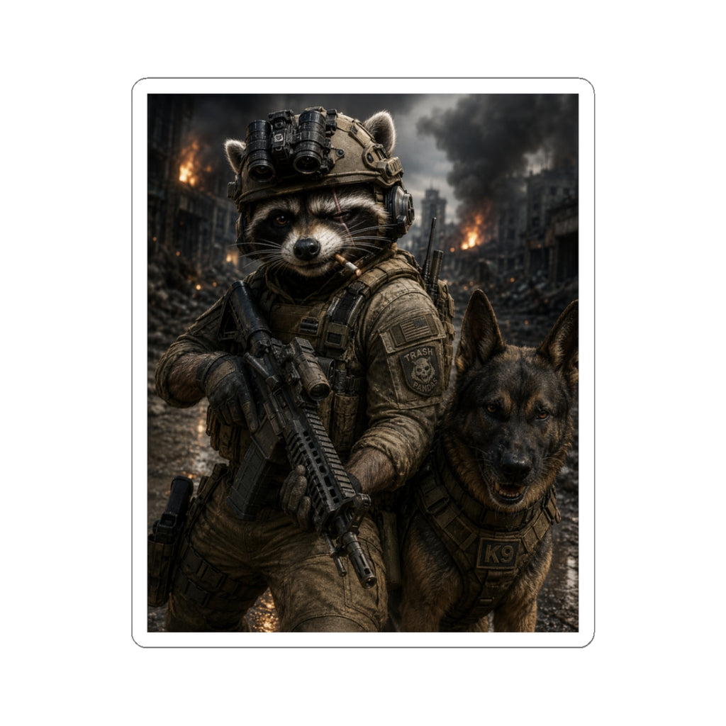 Tactical Raccoon & K9 Soldier Sticker — Military Urban Warfare Vinyl Kiss-Cut Sticker
