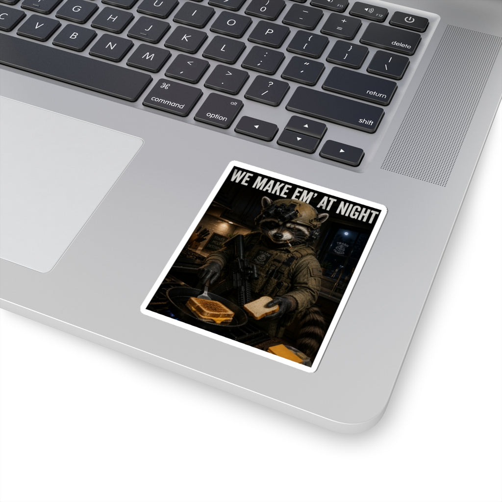 We Make 'Em at Night Raccoon Chef Sticker — Military Cooking Kiss-Cut Decal