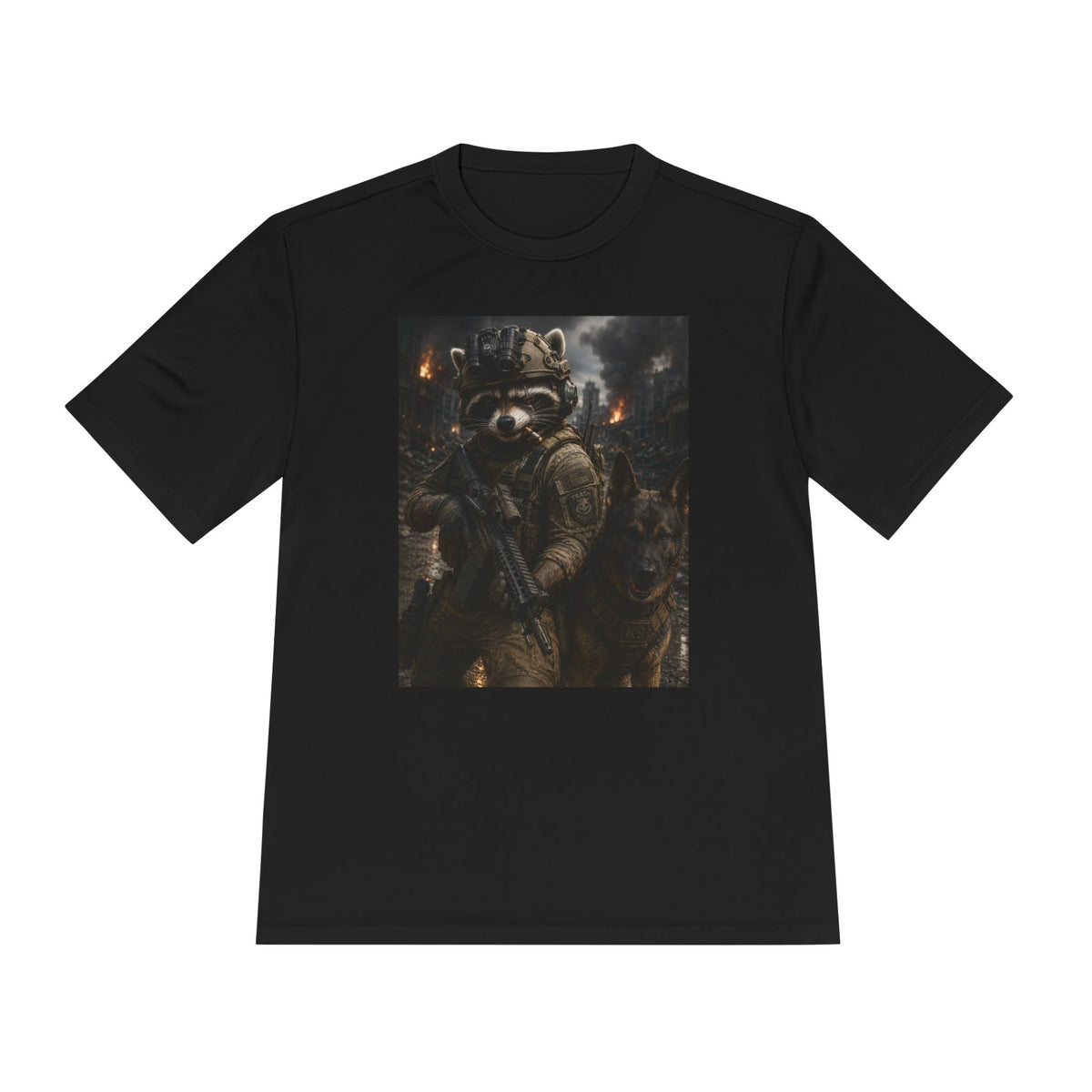 Tactical Raccoon K9 Graphic Tee — Dark Space Explorer Shirt