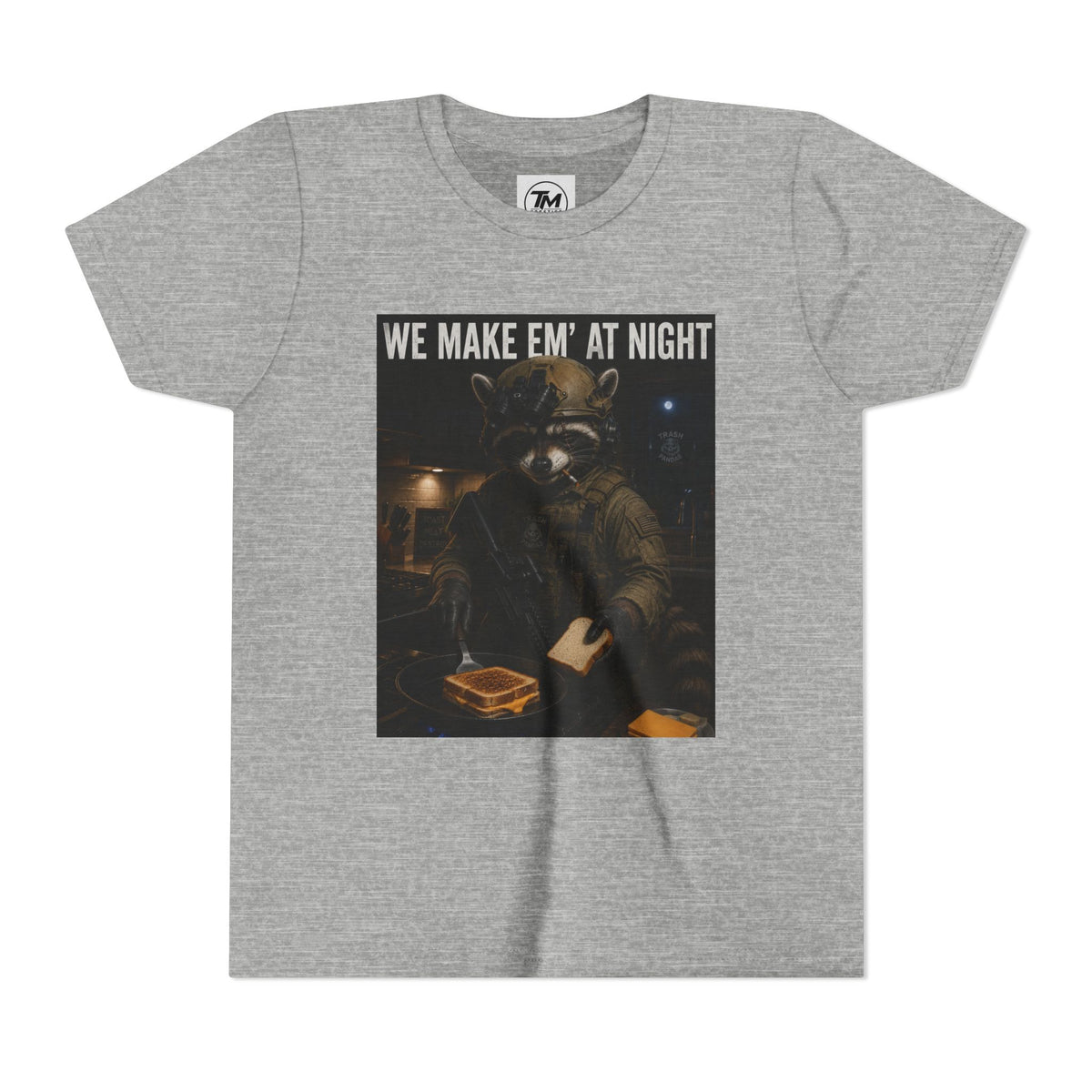 Youth Tee — "We Make Em' at Night" Raccoon Chef Graphic