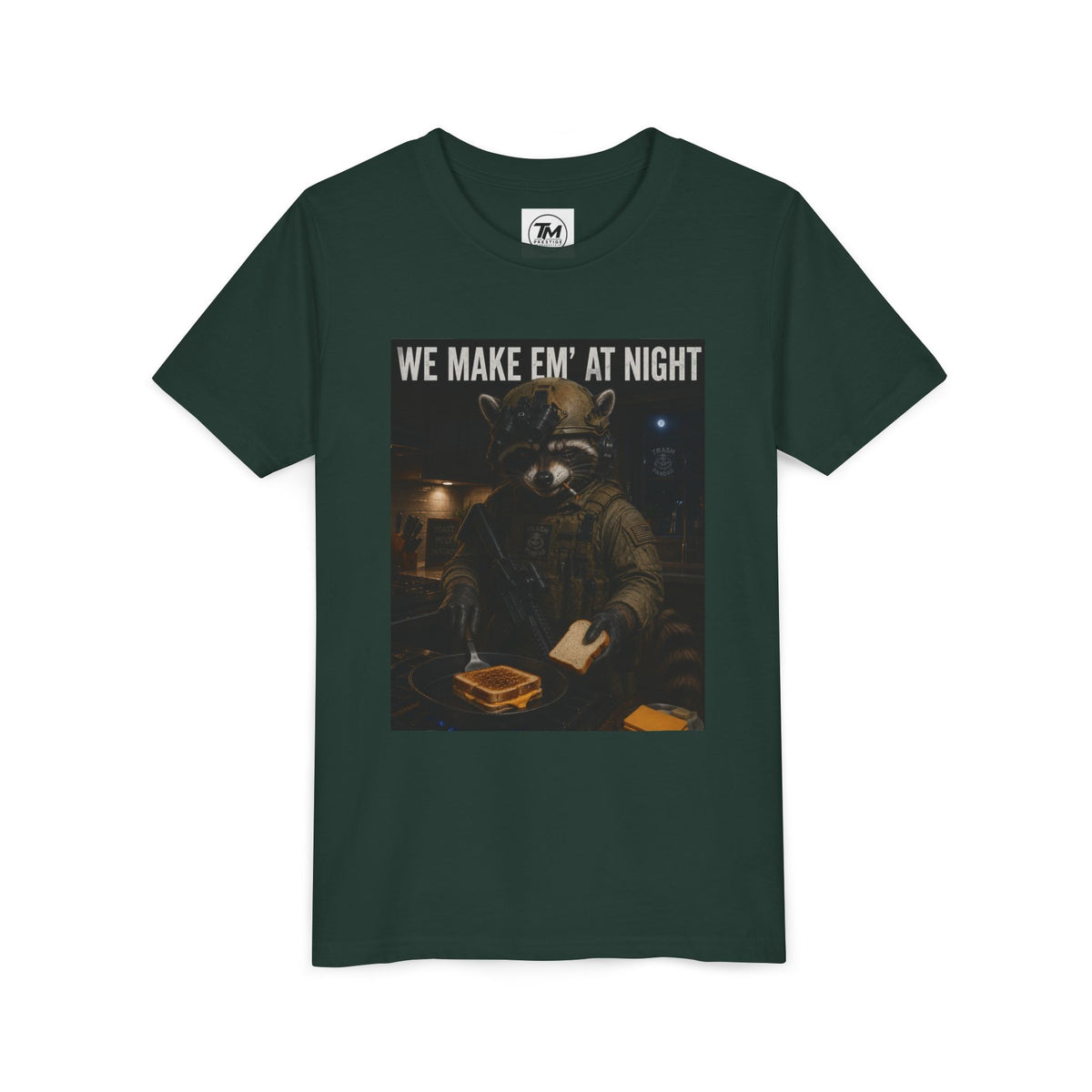 Youth Tee — "We Make Em' at Night" Raccoon Chef Graphic