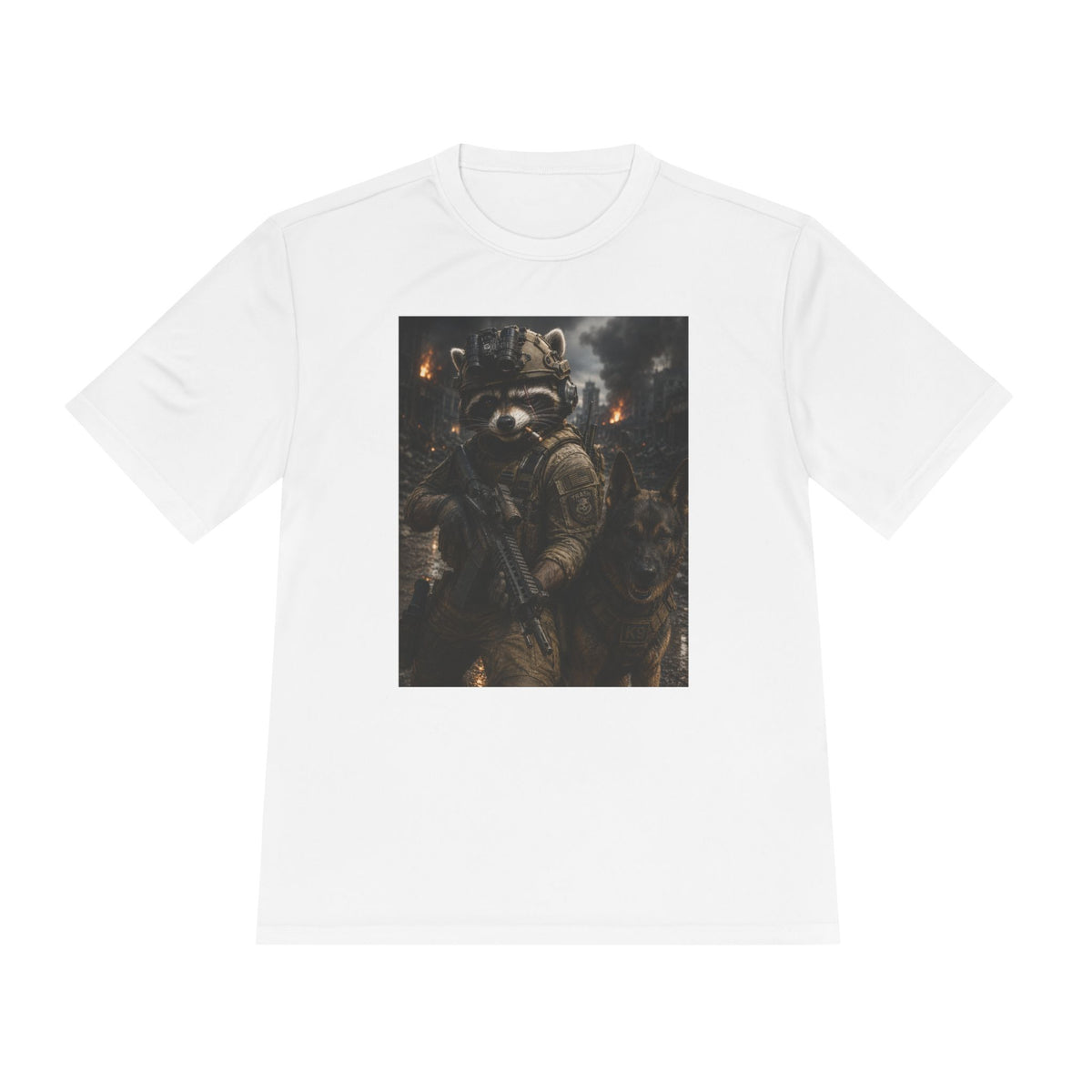 Tactical Raccoon K9 Graphic Tee — Dark Space Explorer Shirt