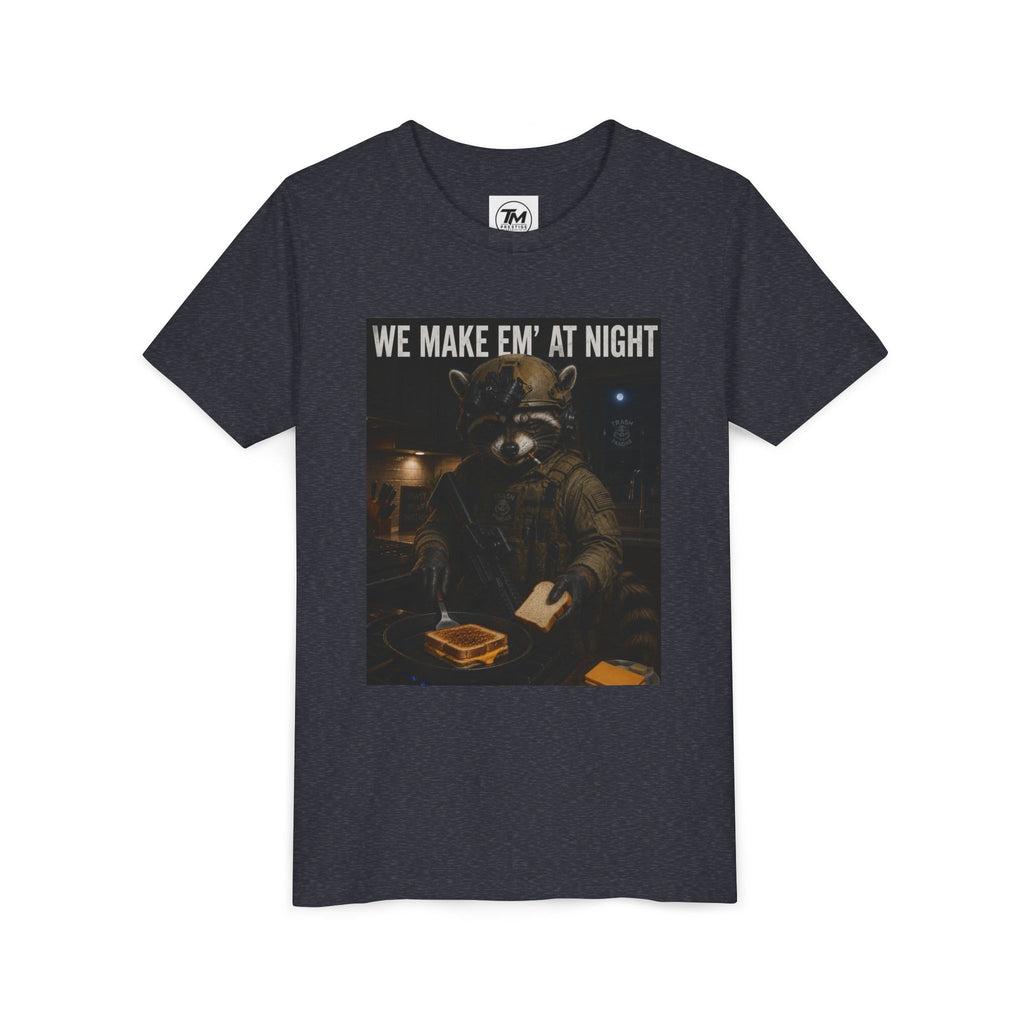 Youth Tee — "We Make Em' at Night" Raccoon Chef Graphic