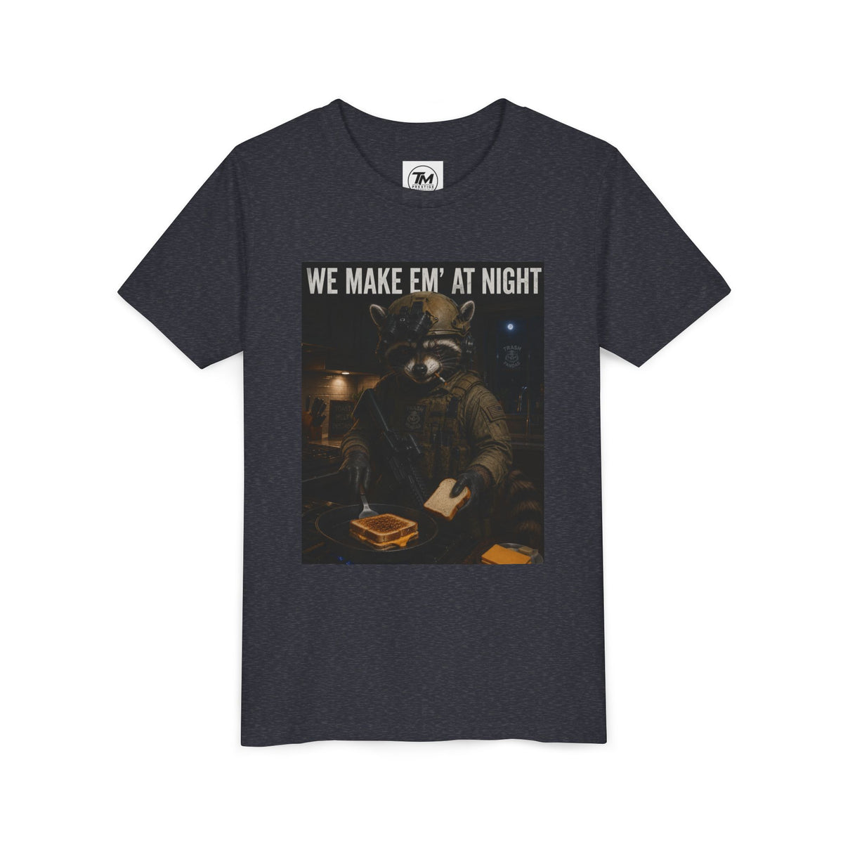 Youth Tee — "We Make Em' at Night" Raccoon Chef Graphic