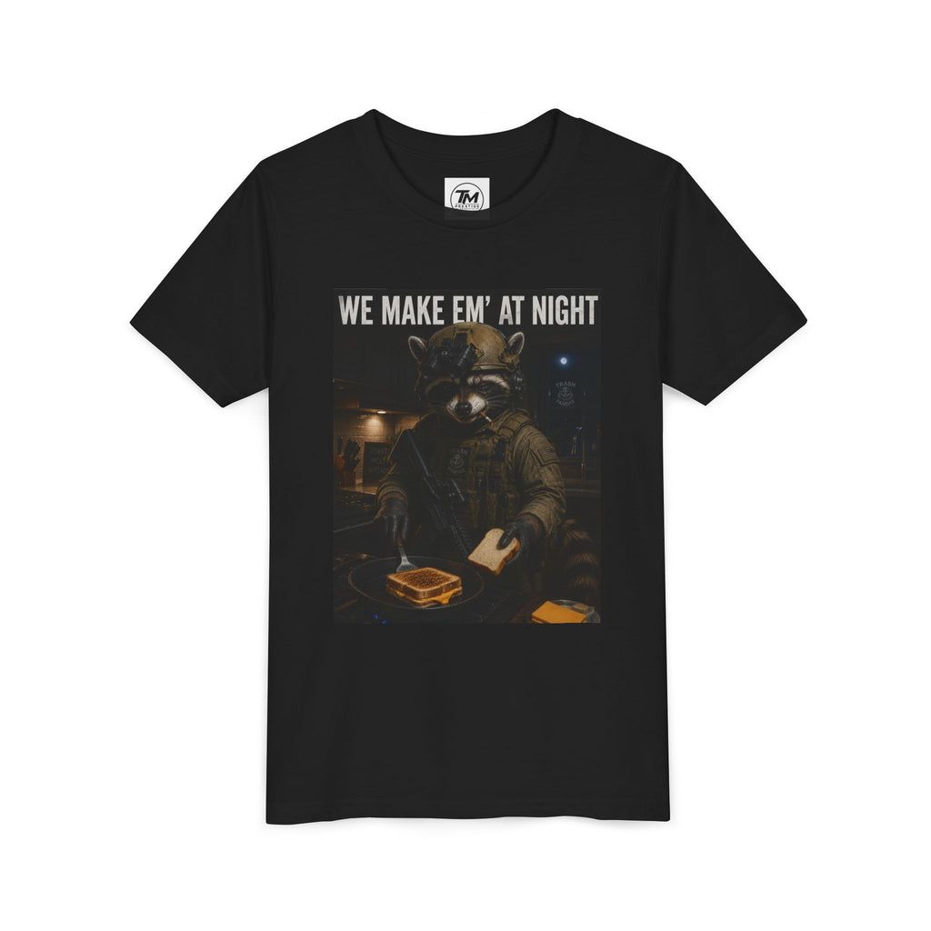 Youth Tee — "We Make Em' at Night" Raccoon Chef Graphic