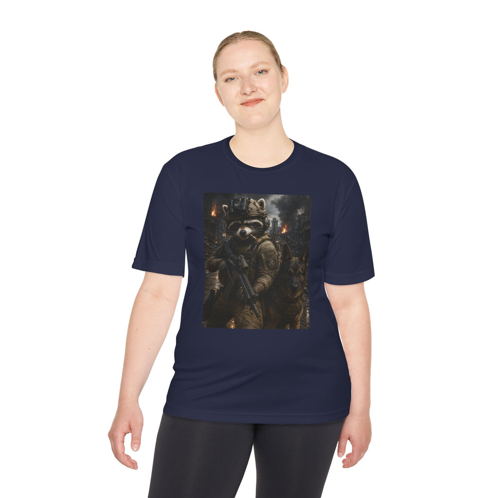 Tactical Raccoon K9 Graphic Tee — Dark Space Explorer Shirt