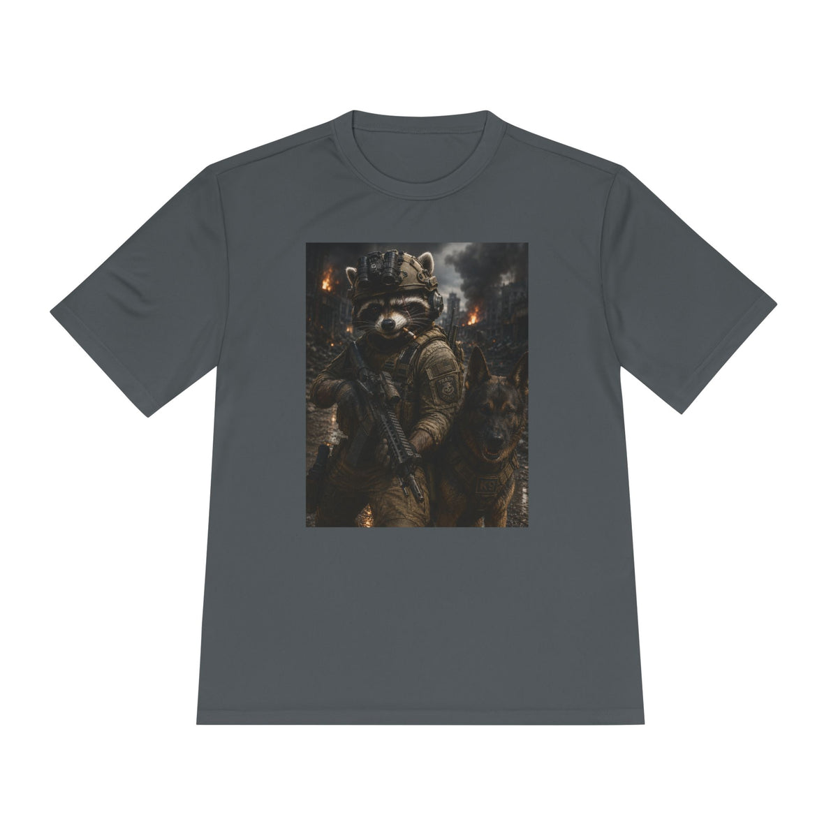 Tactical Raccoon K9 Graphic Tee — Dark Space Explorer Shirt