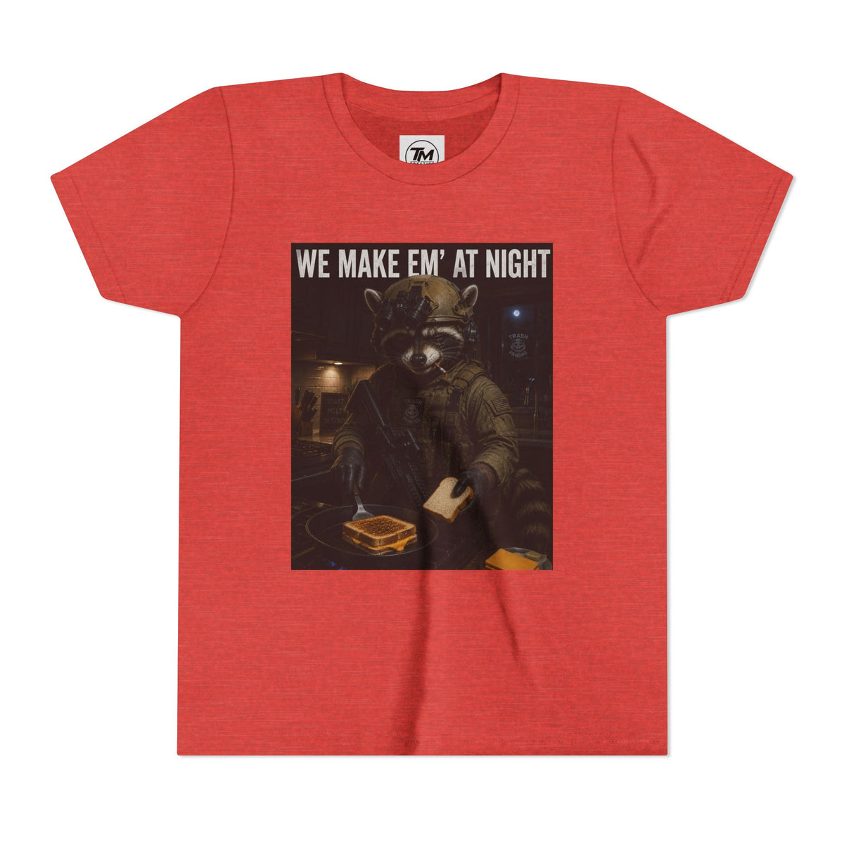 Youth Tee — "We Make Em' at Night" Raccoon Chef Graphic