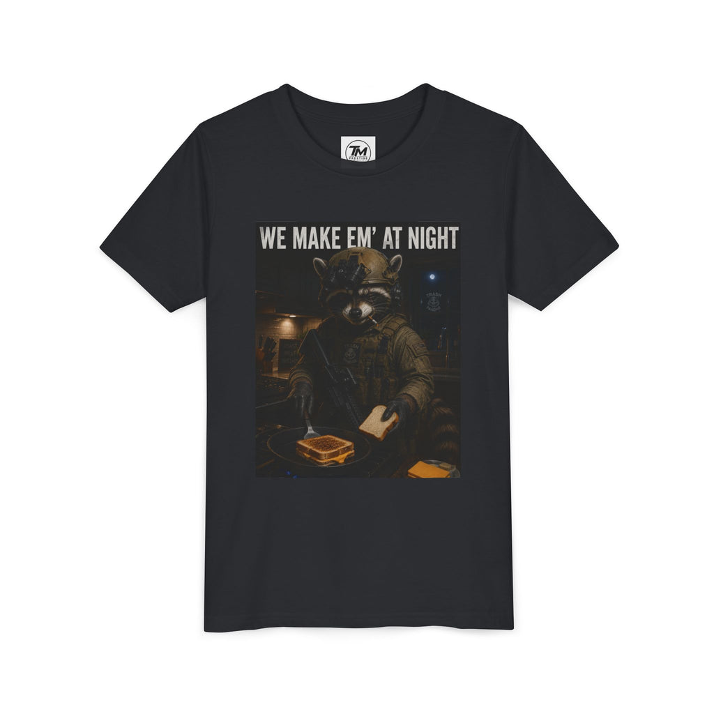 Youth Tee — "We Make Em' at Night" Raccoon Chef Graphic