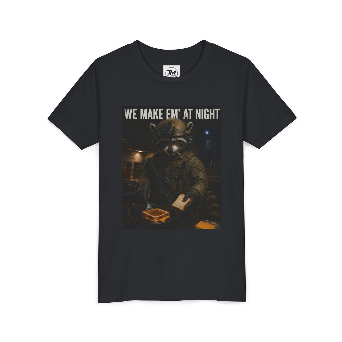 Youth Tee — "We Make Em' at Night" Raccoon Chef Graphic
