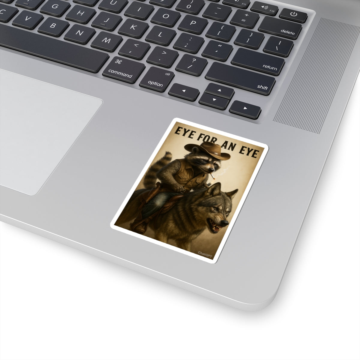 Sticker — "Eye for an Eye" Raccoon Cowboy Riding Wolf Vintage Illustration