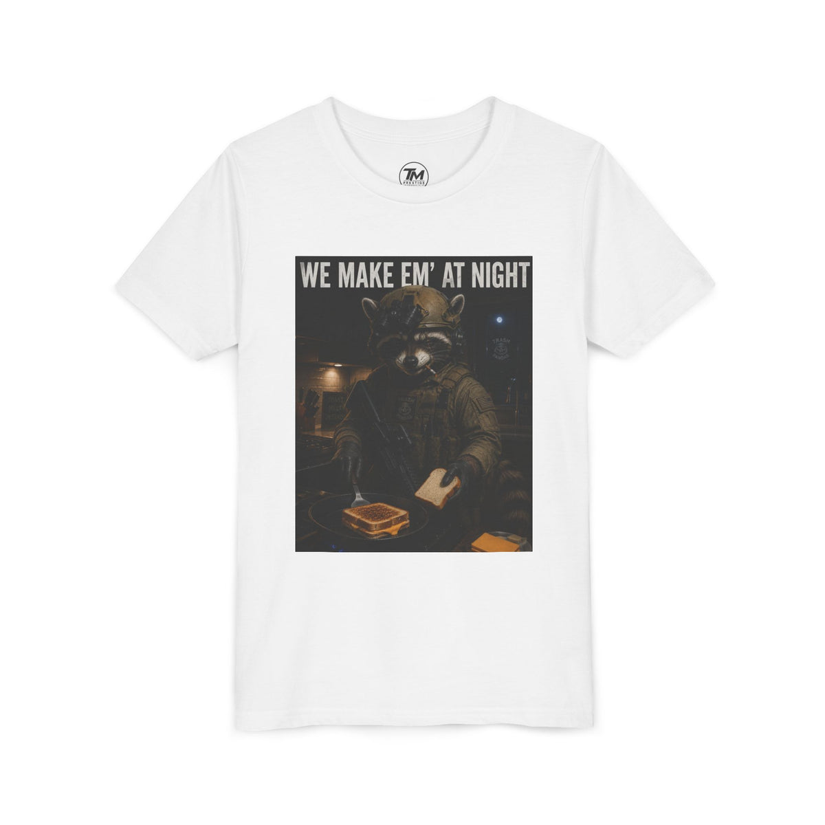 Youth Tee — "We Make Em' at Night" Raccoon Chef Graphic