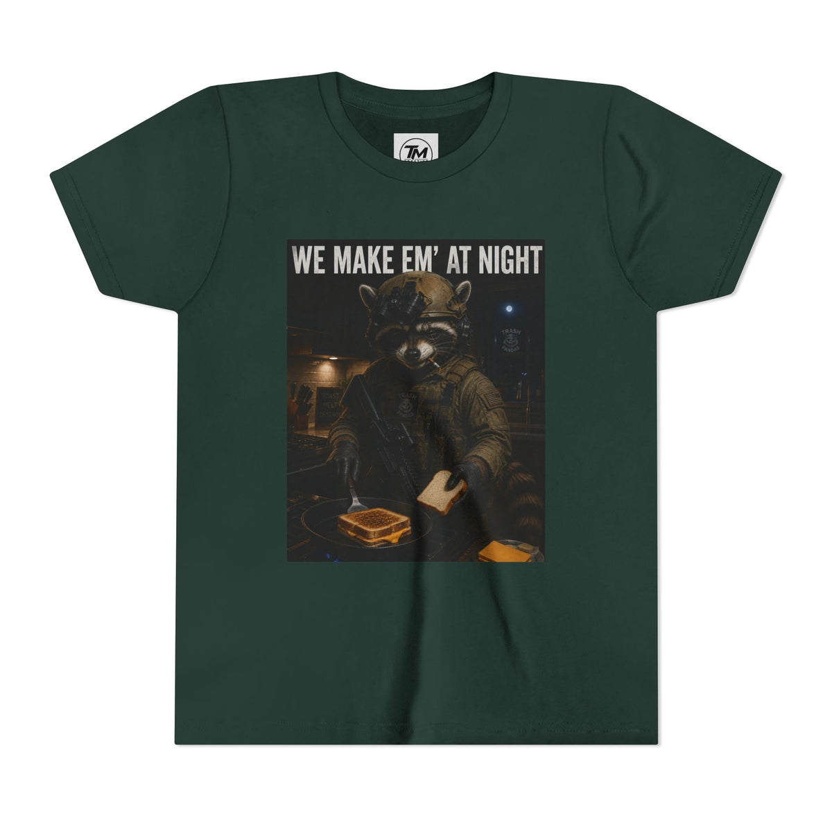 Youth Tee — "We Make Em' at Night" Raccoon Chef Graphic