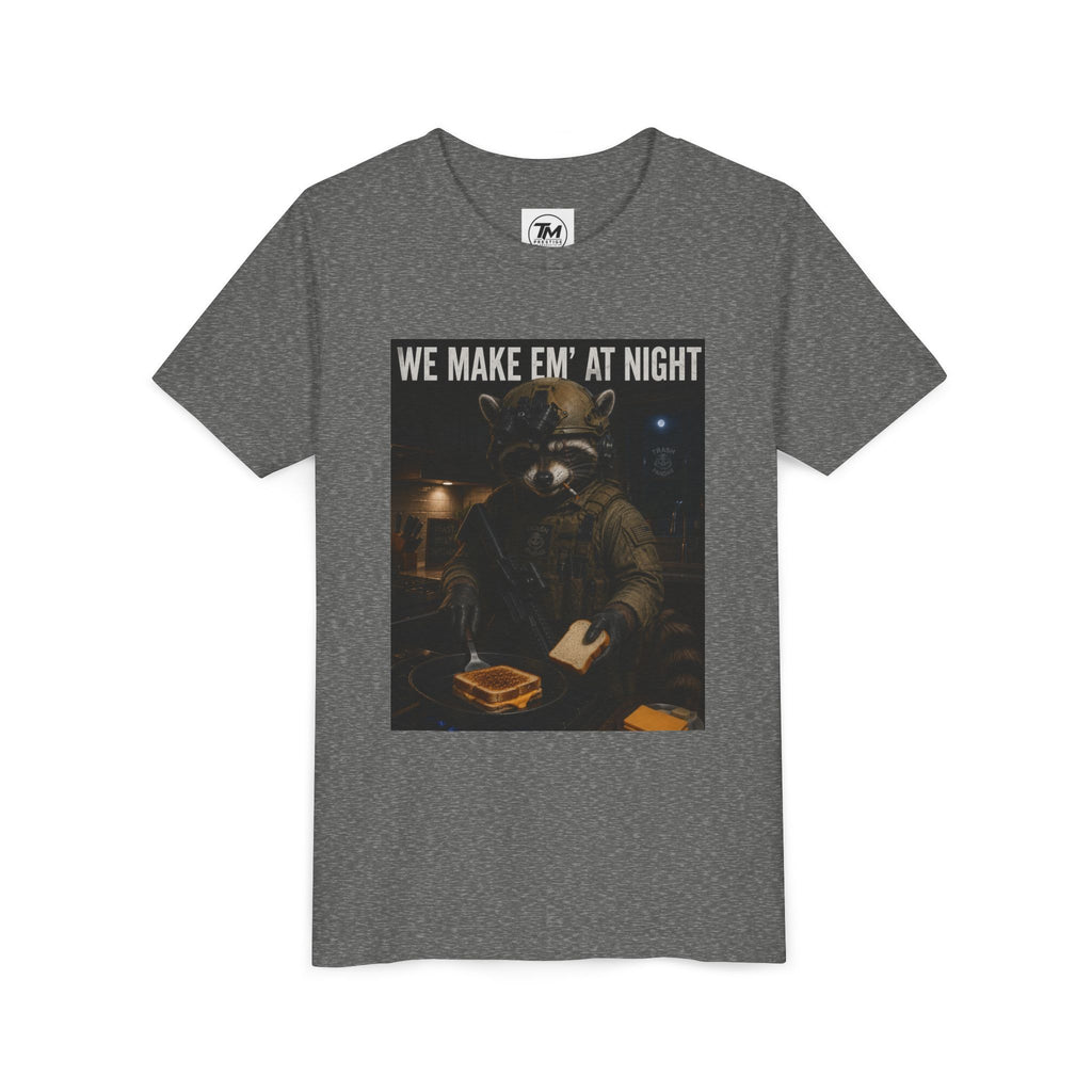 Youth Tee — "We Make Em' at Night" Raccoon Chef Graphic