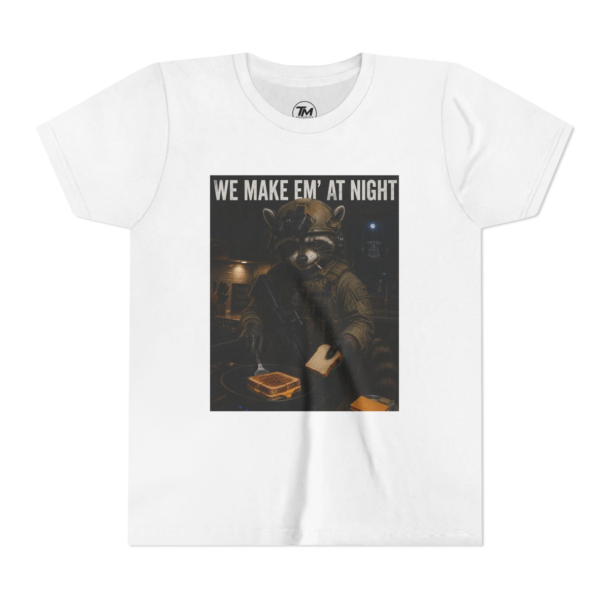Youth Tee — "We Make Em' at Night" Raccoon Chef Graphic