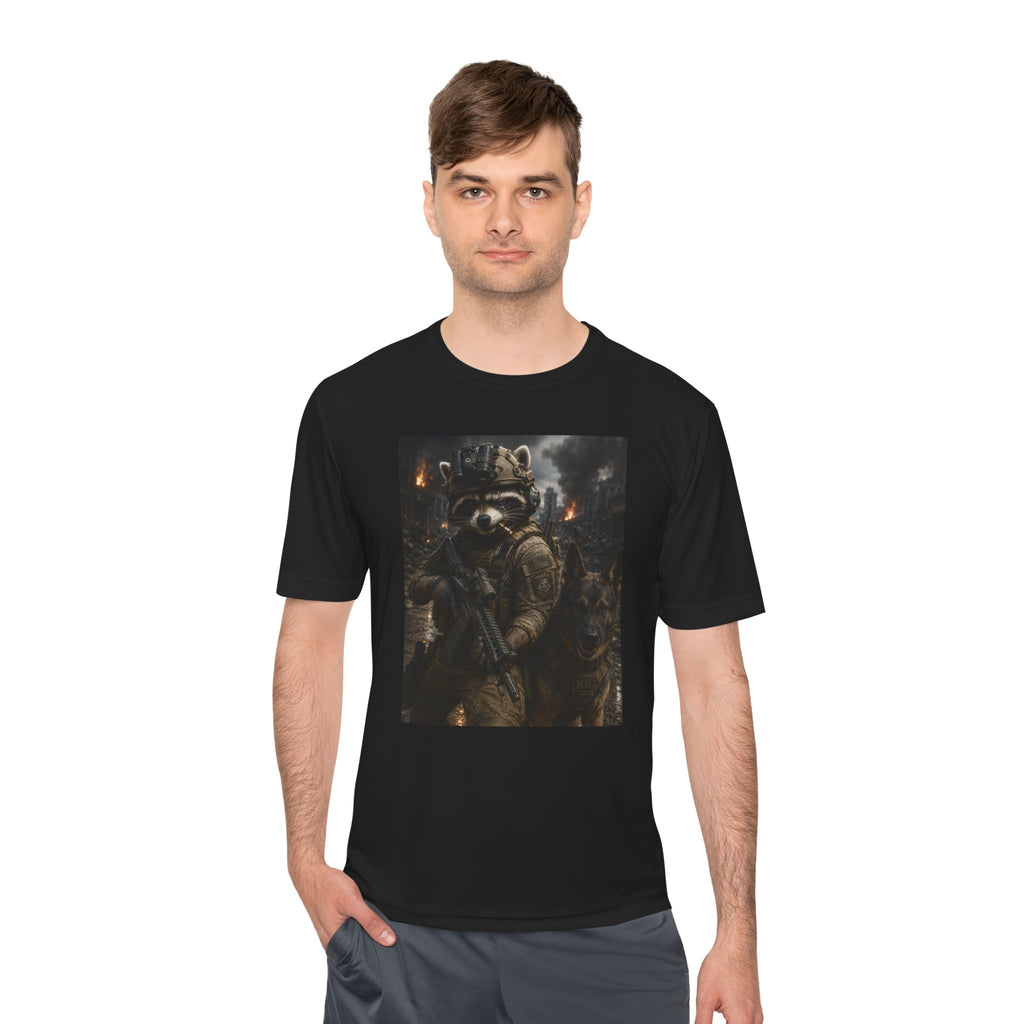 Tactical Raccoon K9 Graphic Tee — Dark Space Explorer Shirt