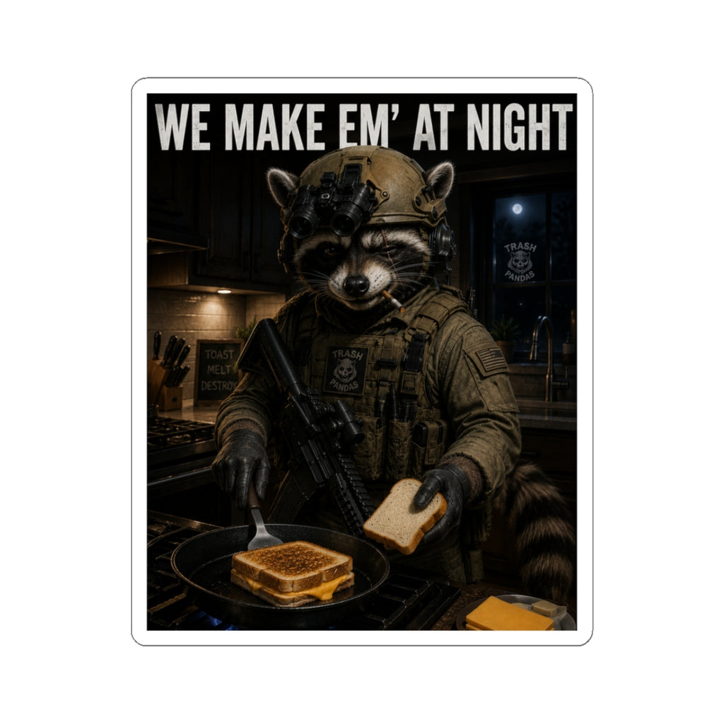 We Make 'Em at Night Raccoon Chef Sticker — Military Cooking Kiss-Cut Decal