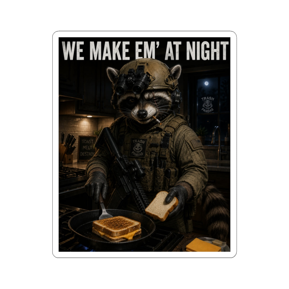 We Make 'Em at Night Raccoon Chef Sticker — Military Cooking Kiss-Cut Decal