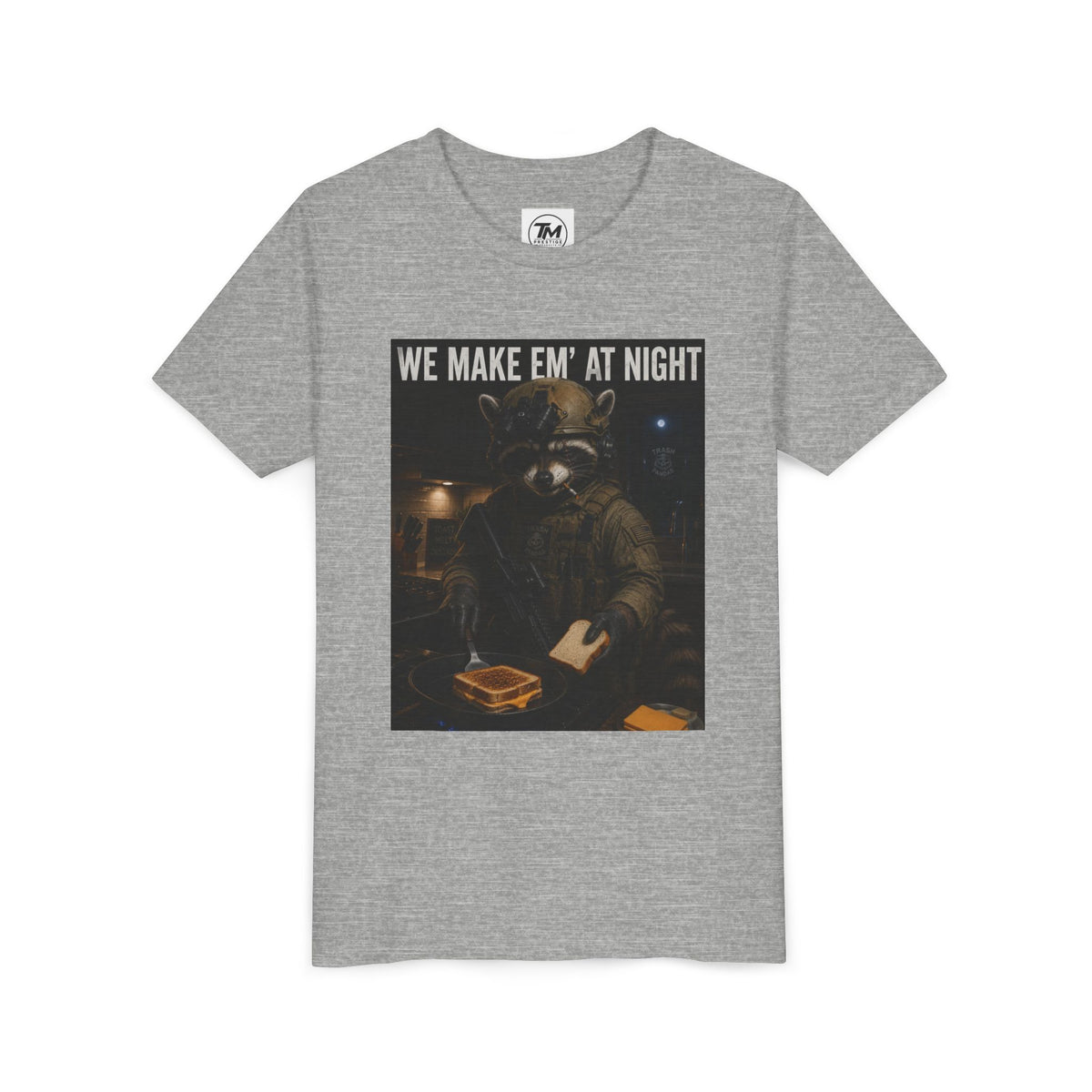 Youth Tee — "We Make Em' at Night" Raccoon Chef Graphic