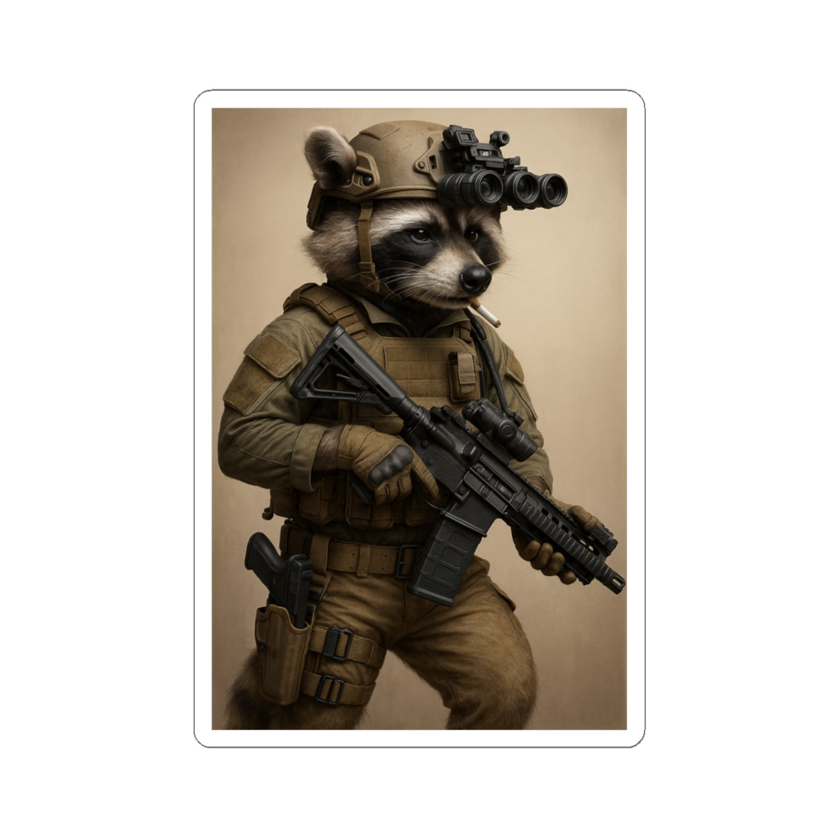 Tactical Raccoon Sticker — Military Soldier Animal Vinyl Kiss-Cut Decal