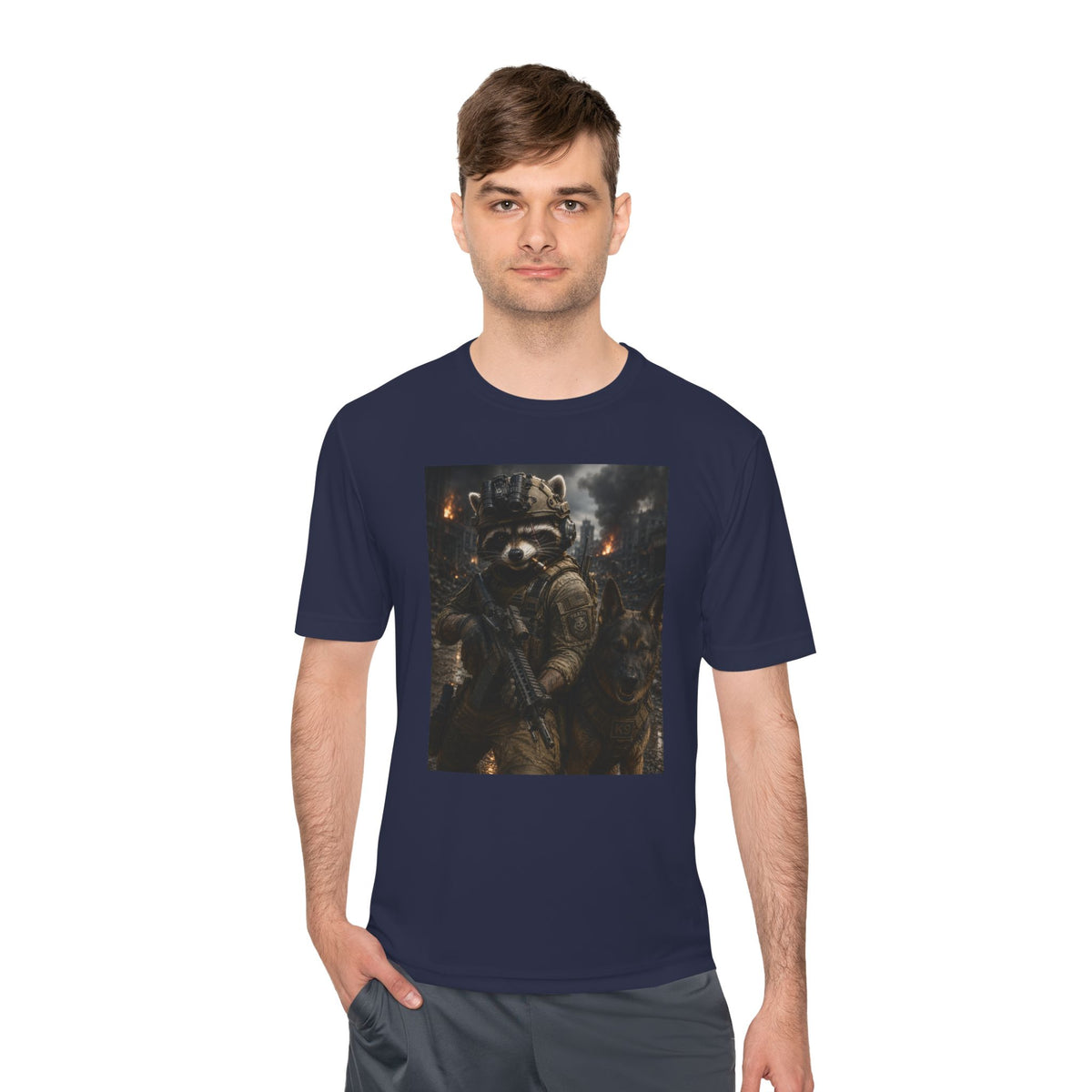 Tactical Raccoon K9 Graphic Tee — Dark Space Explorer Shirt
