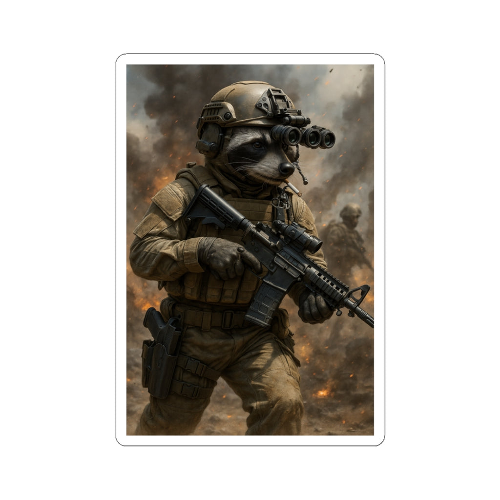 Tactical Raccoon Soldier Sticker — Military Gamer Vinyl Kiss-Cut Decal