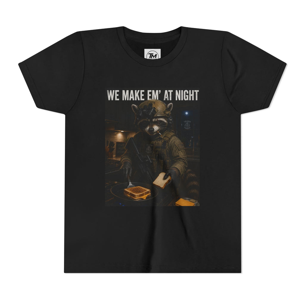 Youth Tee — "We Make Em' at Night" Raccoon Chef Graphic