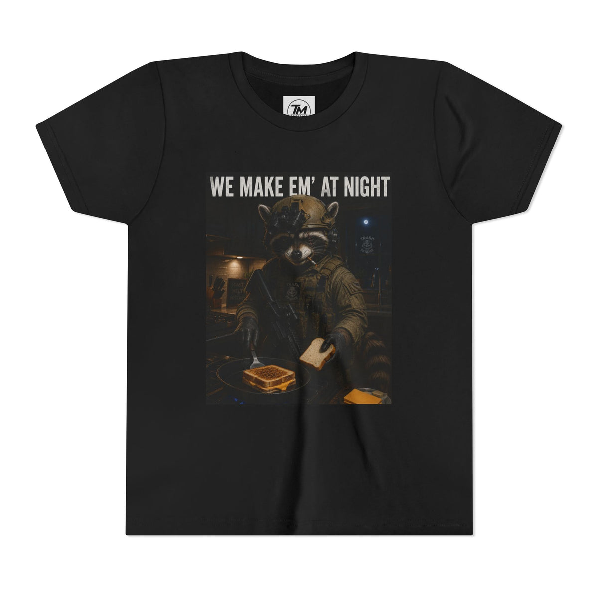Youth Tee — "We Make Em' at Night" Raccoon Chef Graphic