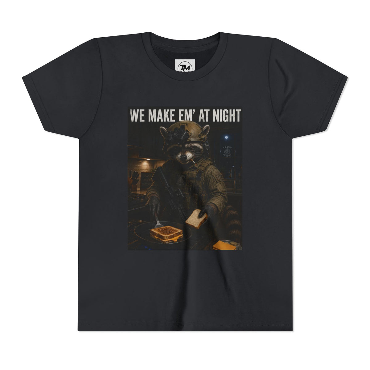 Youth Tee — "We Make Em' at Night" Raccoon Chef Graphic