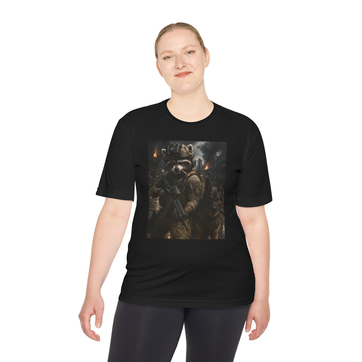 Tactical Raccoon K9 Graphic Tee — Dark Space Explorer Shirt