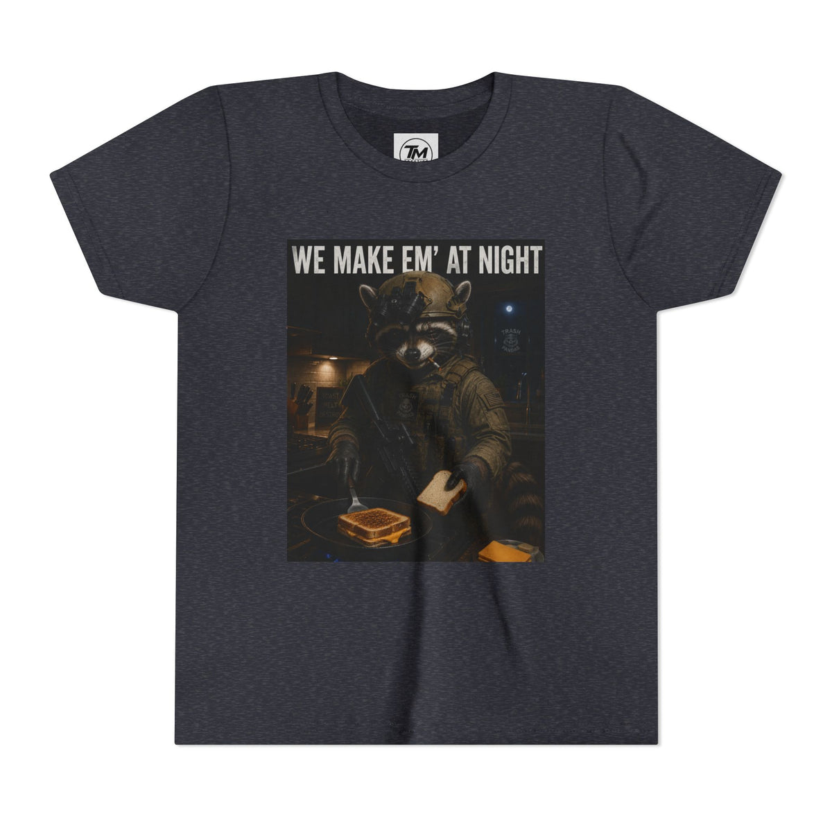 Youth Tee — "We Make Em' at Night" Raccoon Chef Graphic