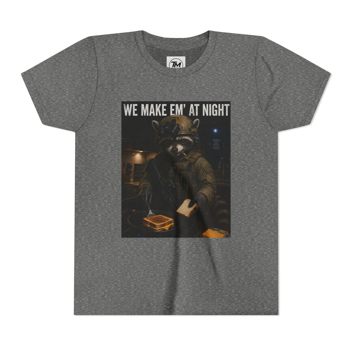 Youth Tee — "We Make Em' at Night" Raccoon Chef Graphic
