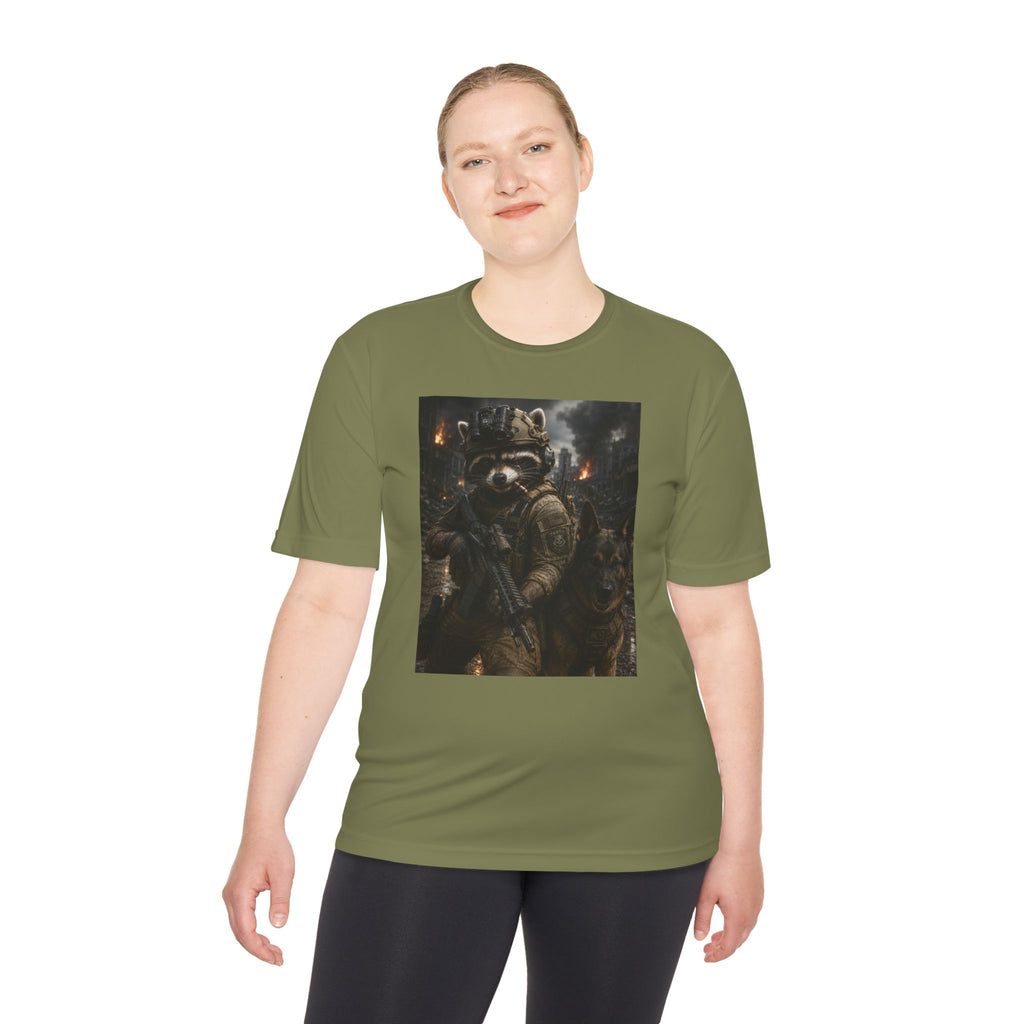 Tactical Raccoon K9 Graphic Tee — Dark Space Explorer Shirt