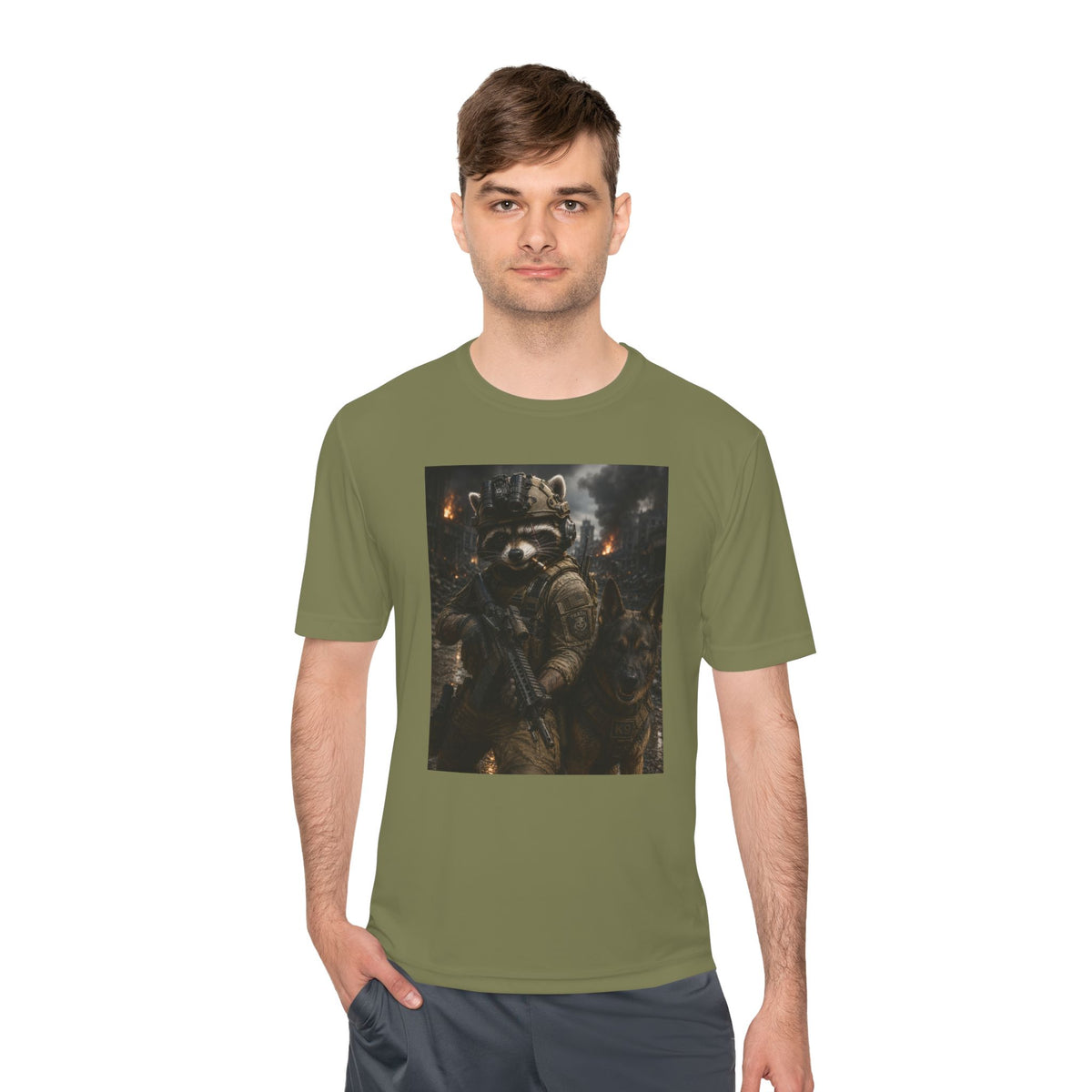 Tactical Raccoon K9 Graphic Tee — Dark Space Explorer Shirt