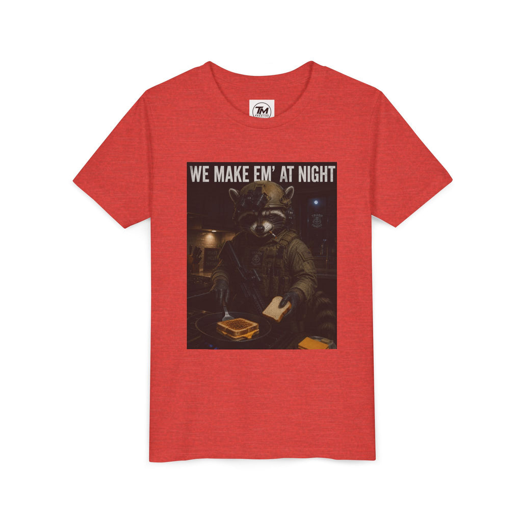 Youth Tee — "We Make Em' at Night" Raccoon Chef Graphic