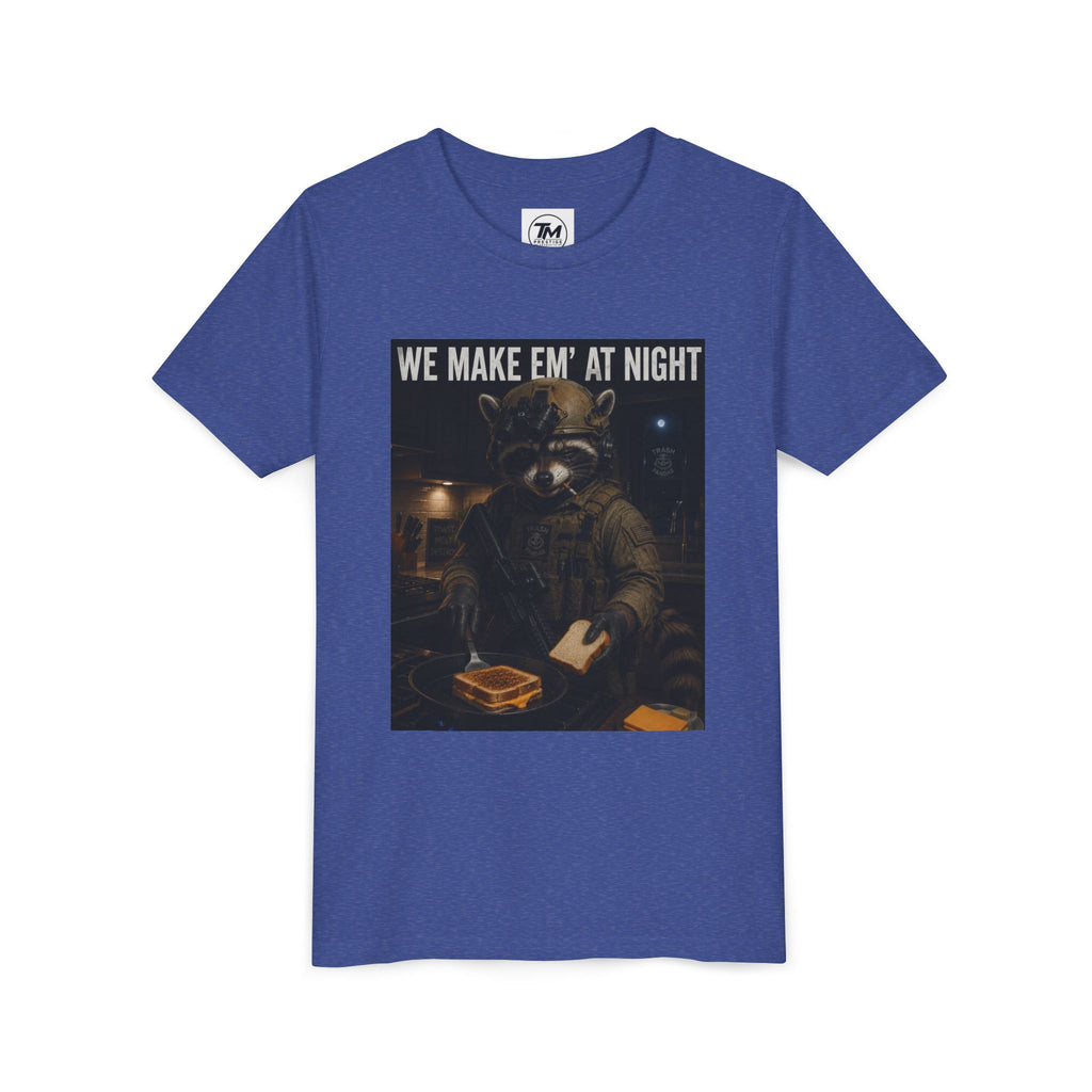 Youth Tee — "We Make Em' at Night" Raccoon Chef Graphic