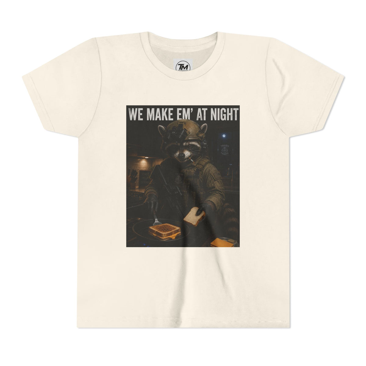 Youth Tee — "We Make Em' at Night" Raccoon Chef Graphic