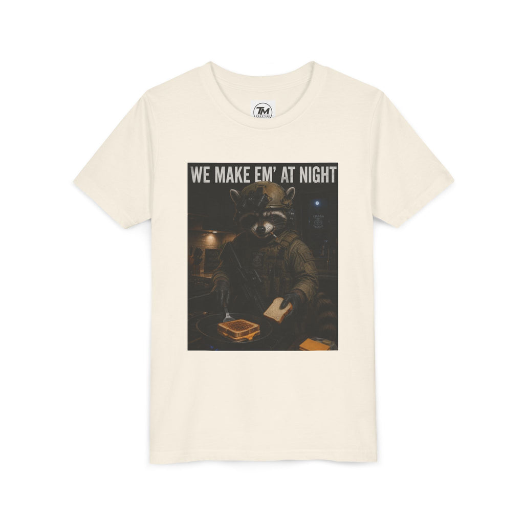 Youth Tee — "We Make Em' at Night" Raccoon Chef Graphic
