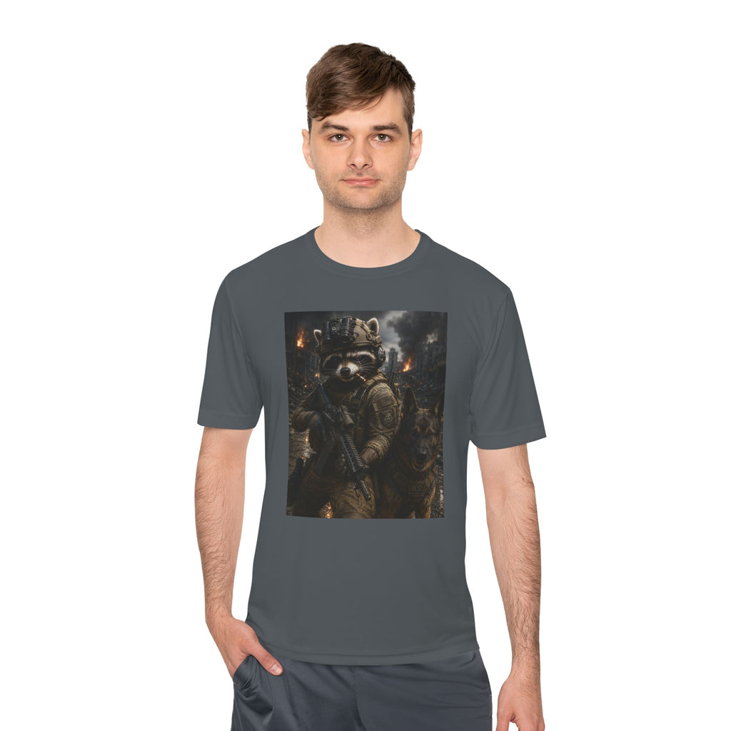 Tactical Raccoon K9 Graphic Tee — Dark Space Explorer Shirt