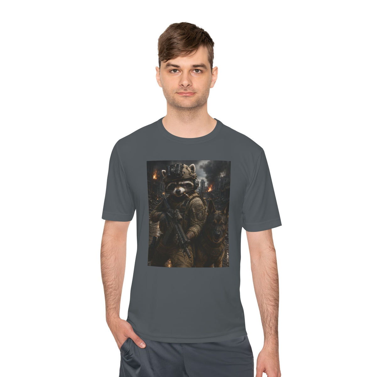 Tactical Raccoon K9 Graphic Tee — Dark Space Explorer Shirt