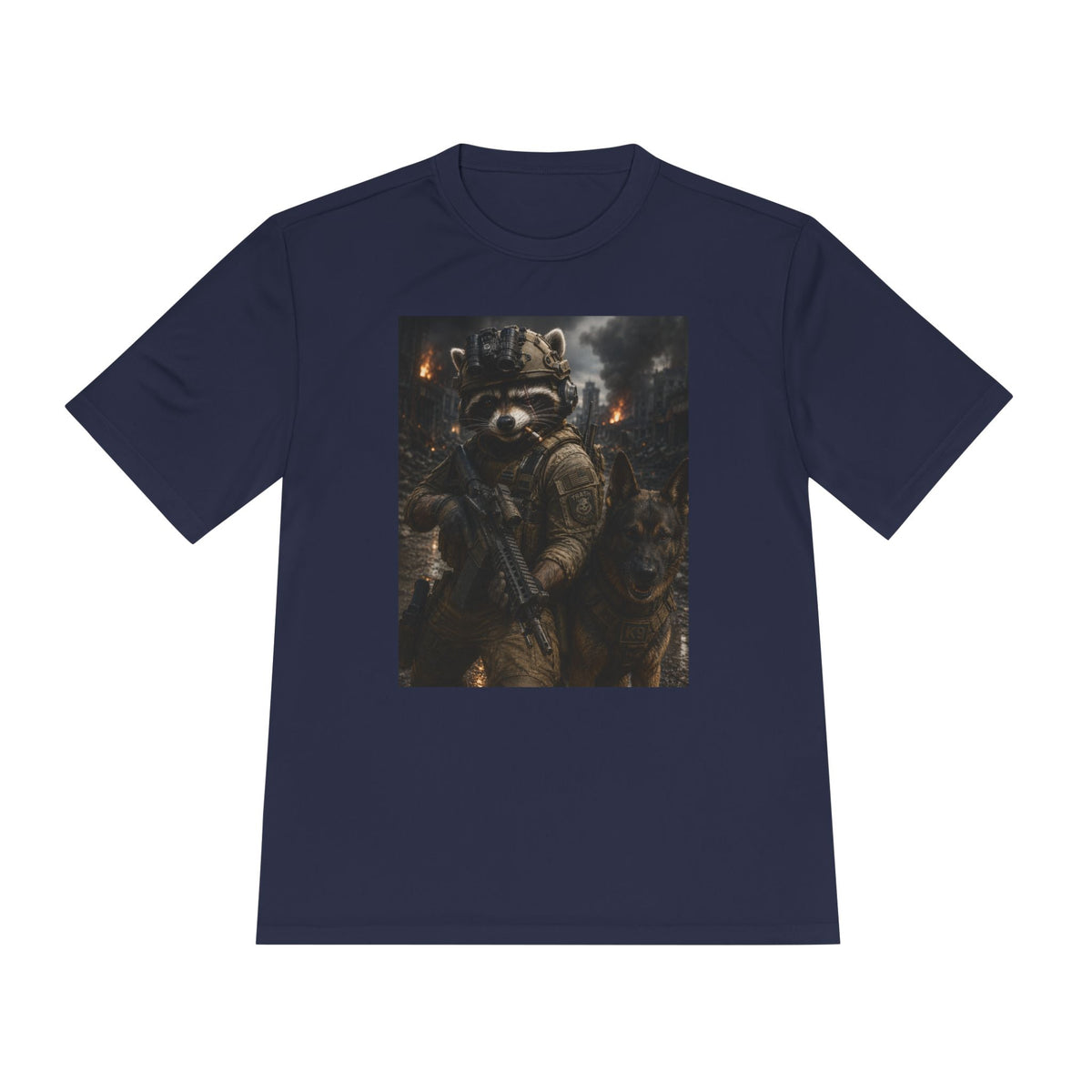 Tactical Raccoon K9 Graphic Tee — Dark Space Explorer Shirt