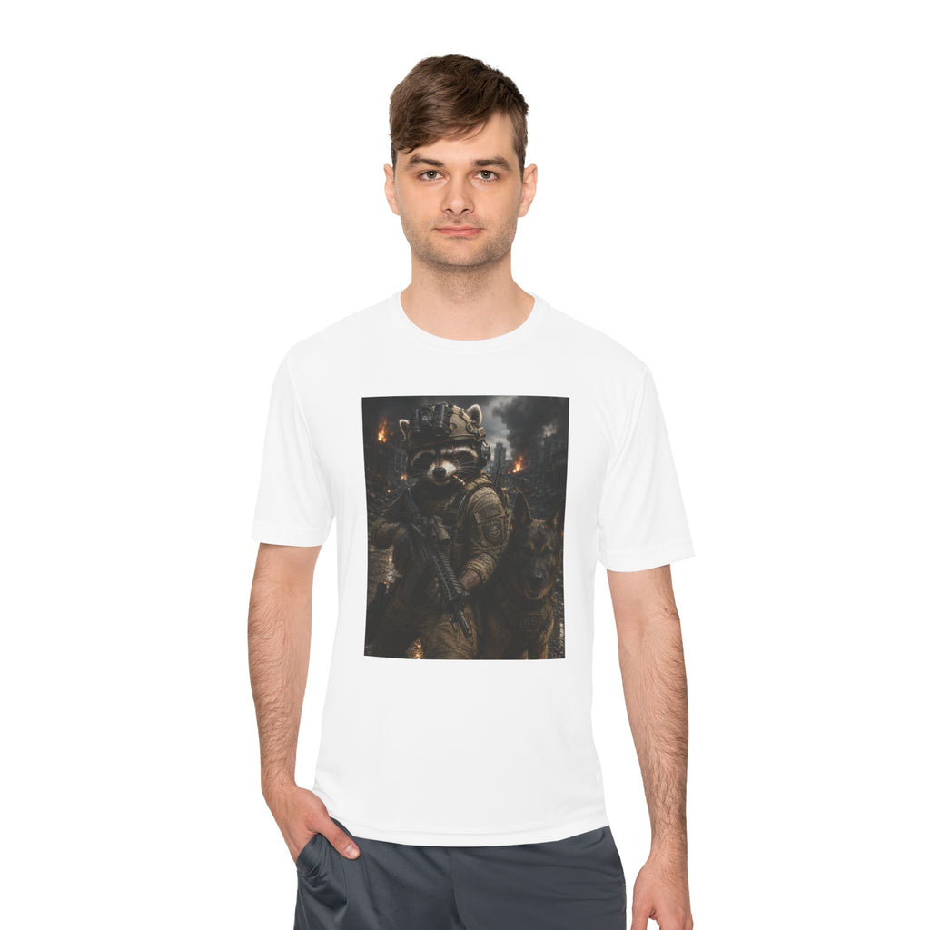 Tactical Raccoon K9 Graphic Tee — Dark Space Explorer Shirt