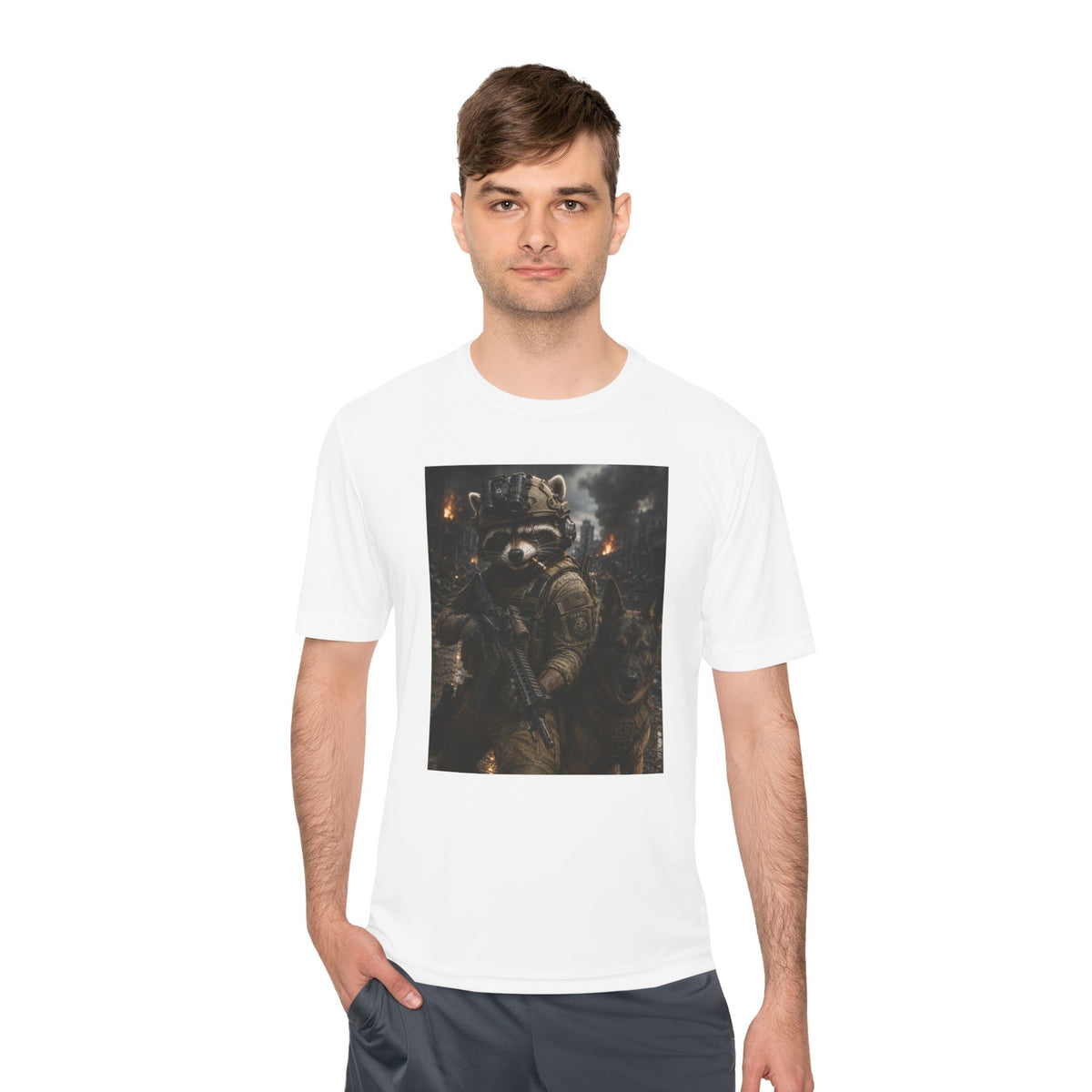 Tactical Raccoon K9 Graphic Tee — Dark Space Explorer Shirt