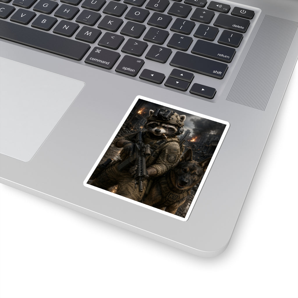 Tactical Raccoon & K9 Soldier Sticker — Military Urban Warfare Vinyl Kiss-Cut Sticker