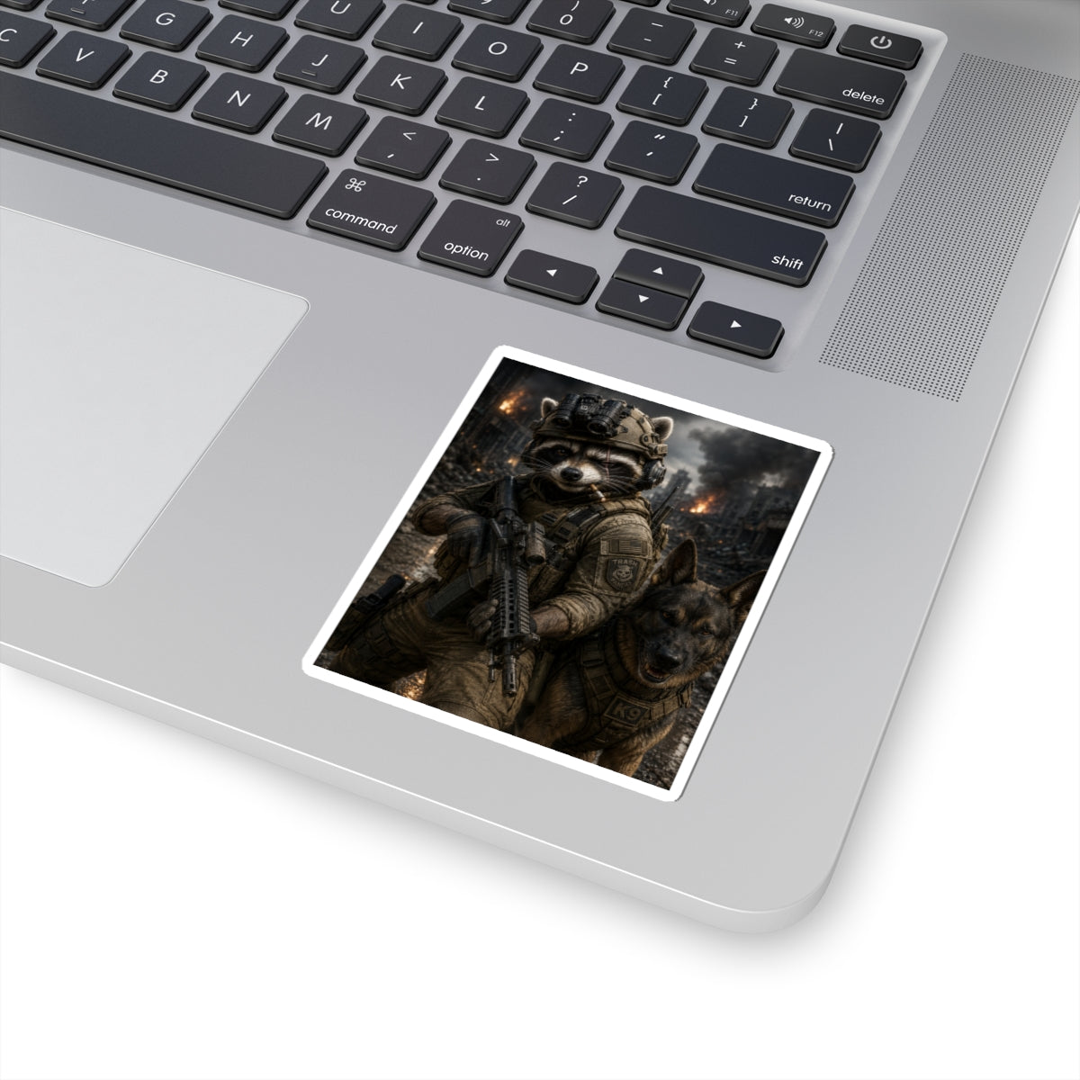Tactical Raccoon & K9 Soldier Sticker — Military Urban Warfare Vinyl Kiss-Cut Sticker